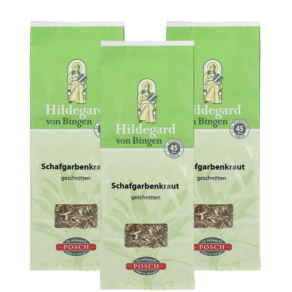 Drei Packungen Hildegard von Bingen Schafgarbenkraut geschnitten mit Sichtfenster auf das Kraut.