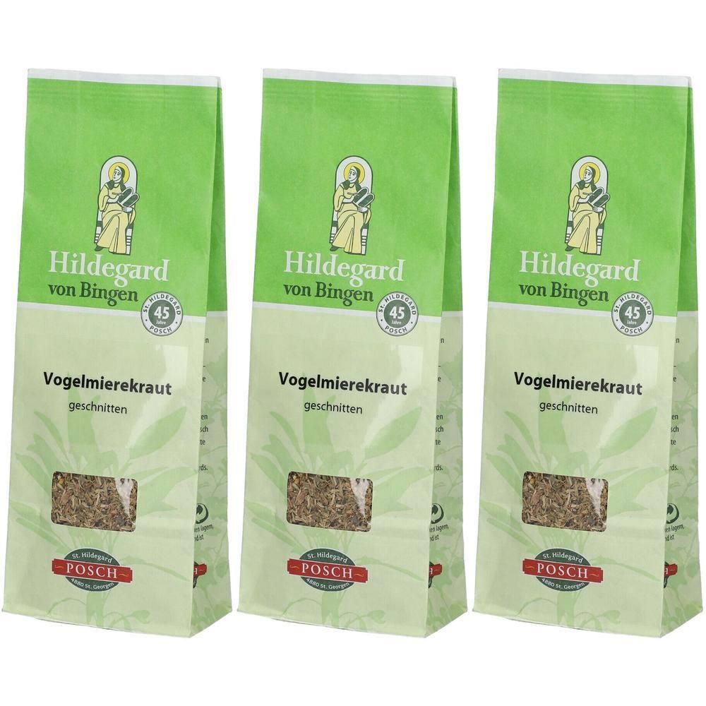 Drei grüne Beutel mit Vogelmierekraut. Aufschrift: Hildegard von Bingen, Vogelmierekraut geschnitten. Sichtfenster mit Inhalt.