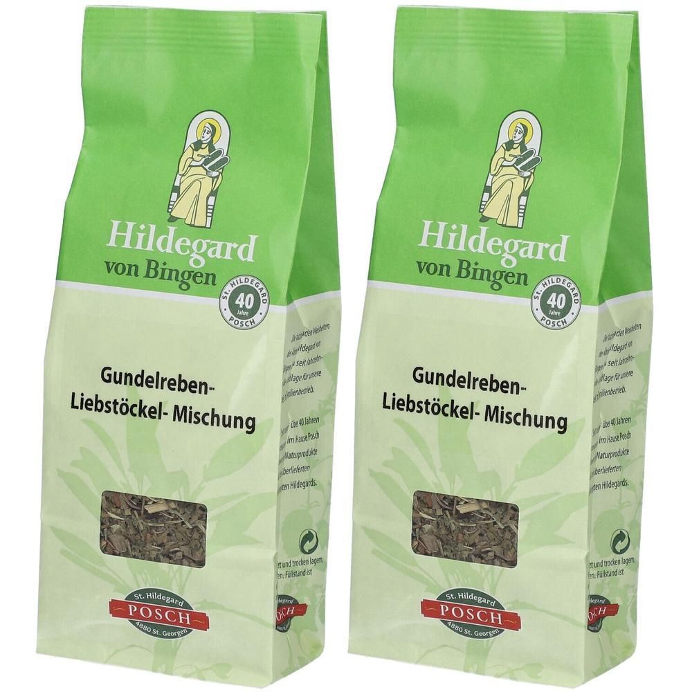 Zwei grüne Beutel mit Gundelreben-Liebstöckel-Mischung. Aufschrift: Hildegard von Bingen, POSCH. Siegel mit Zahl 40.