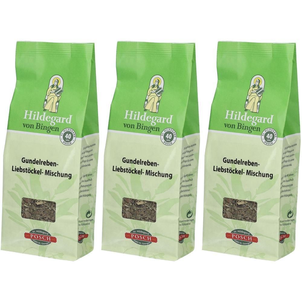 Drei Beutel mit „Gundelreben-Liebstöckel-Mischung“. Aufdrucke: „Hildegard von Bingen“, Logo, „POSCH“. Grün-weiße Verpackung.