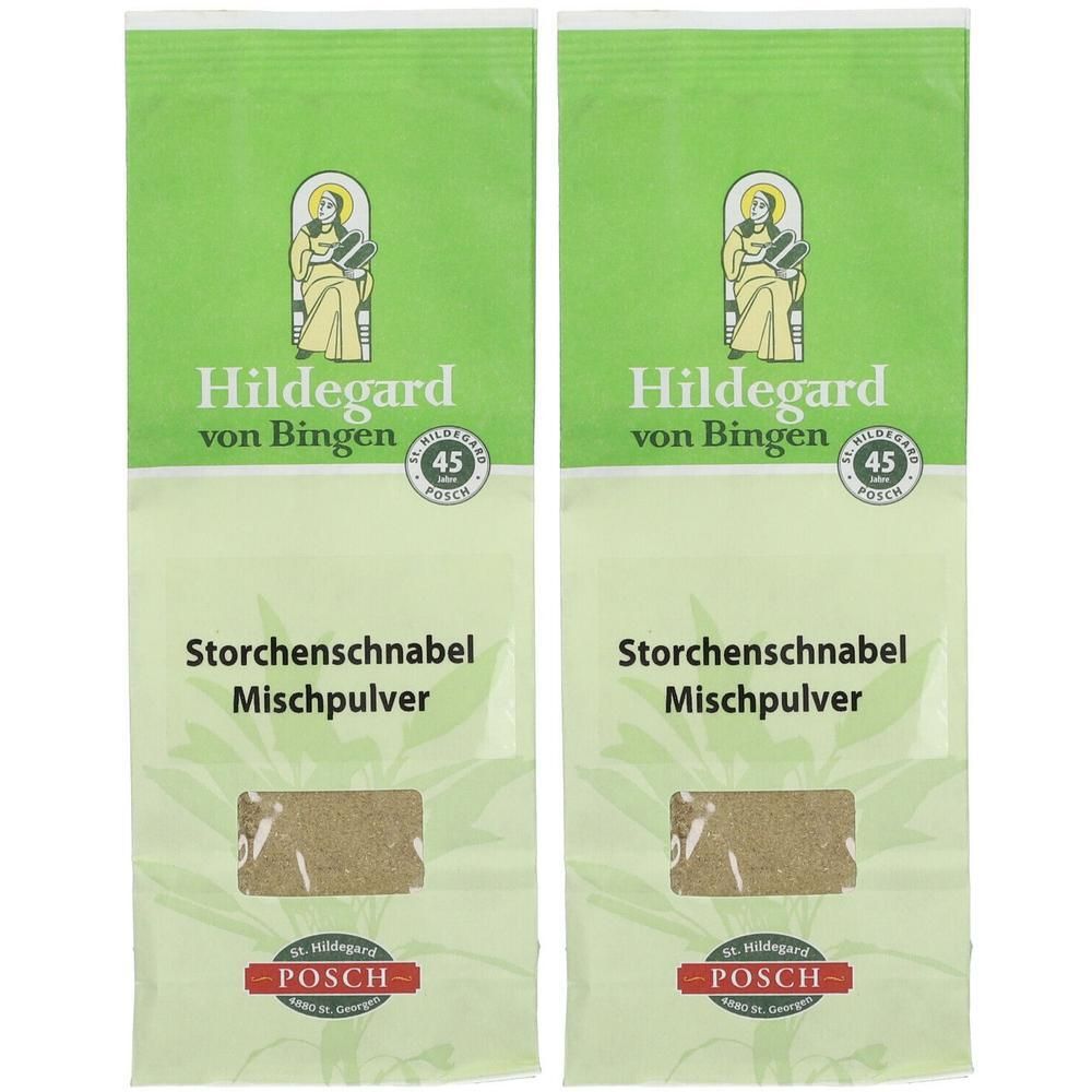 Zwei Beutel mit grünem Hintergrund. Aufschrift: Hildegard von Bingen, Storchenschnabel Mischpulver. Sichtfenster mit Pulver.