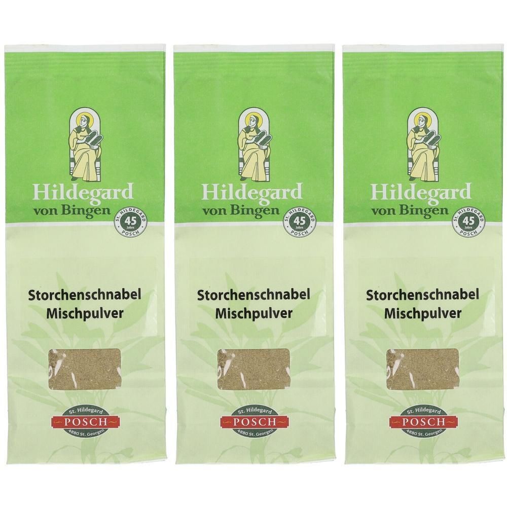 Drei Beutel Storchenschnabel-Mischpulver. Aufschrift: Hildegard von Bingen, 45, Storchenschnabel Mischpulver, POSCH.