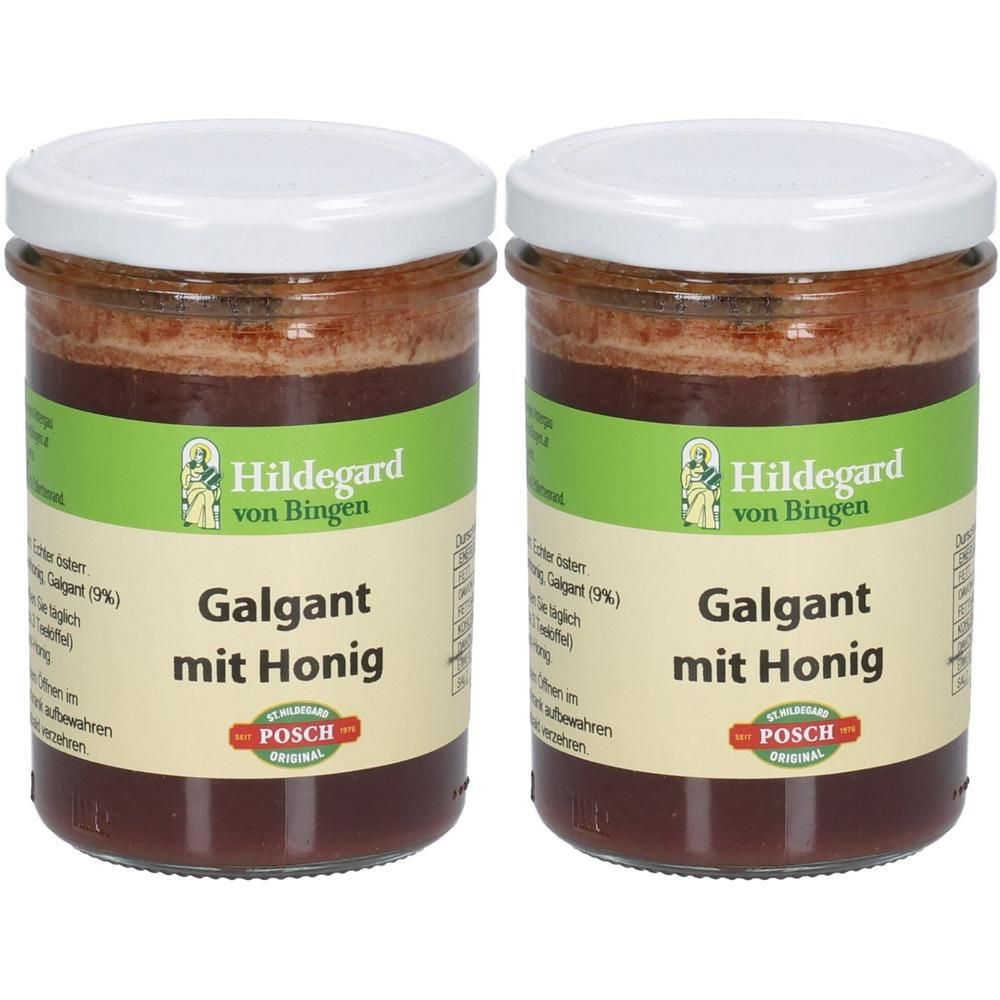 Zwei Gläser mit weißem Deckel. Auf den Etiketten steht "Hildegard von Bingen Galgant mit Honig". Darunter das Logo "POSCH ORIGINAL".