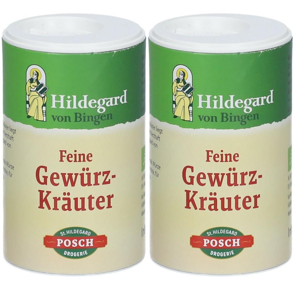 Zwei zylindrische Dosen mit grünem Etikett. Aufschrift: Hildegard von Bingen, Feine Gewürz-Kräuter. Logo: Posch Drogerie.