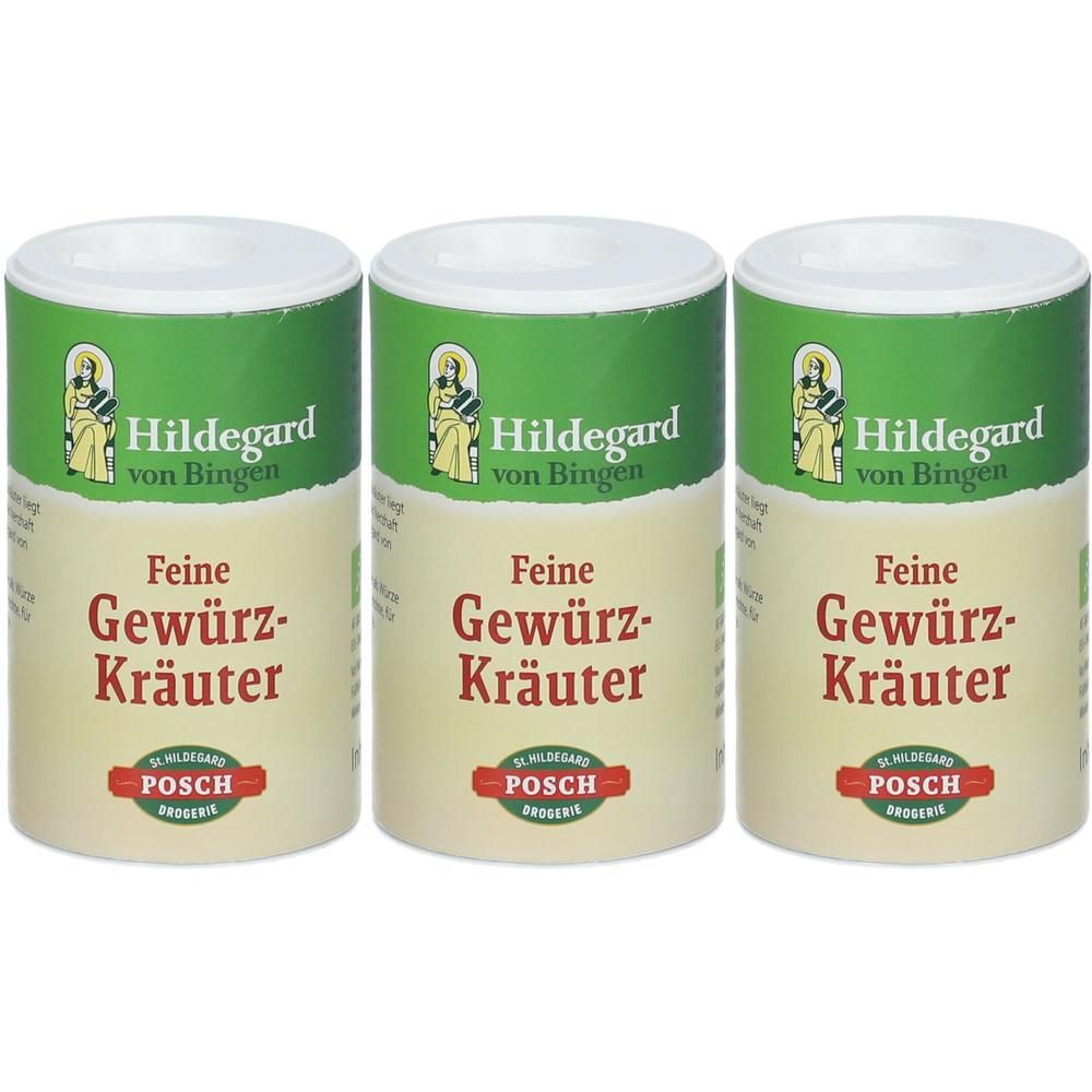 Drei zylindrische Dosen mit weißem Deckel. Aufschrift: Hildegard von Bingen, Feine Gewürz-Kräuter. Logo: POSCH.
