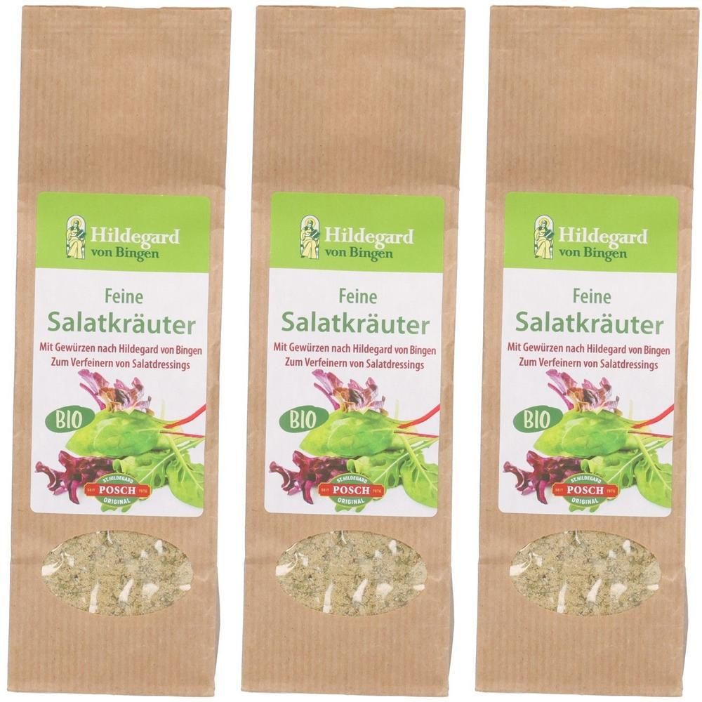 Drei Beutel Salatkräuter. Aufdruck: Hildegard von Bingen, Feine Salatkräuter, BIO-Siegel. Sichtfenster mit Kräutern.