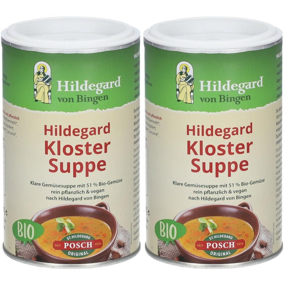 Zwei Dosen mit „Hildegard Kloster Suppe“. Grün-weißes Etikett mit Logo, Text und Suppenabbildung. BIO-Siegel.