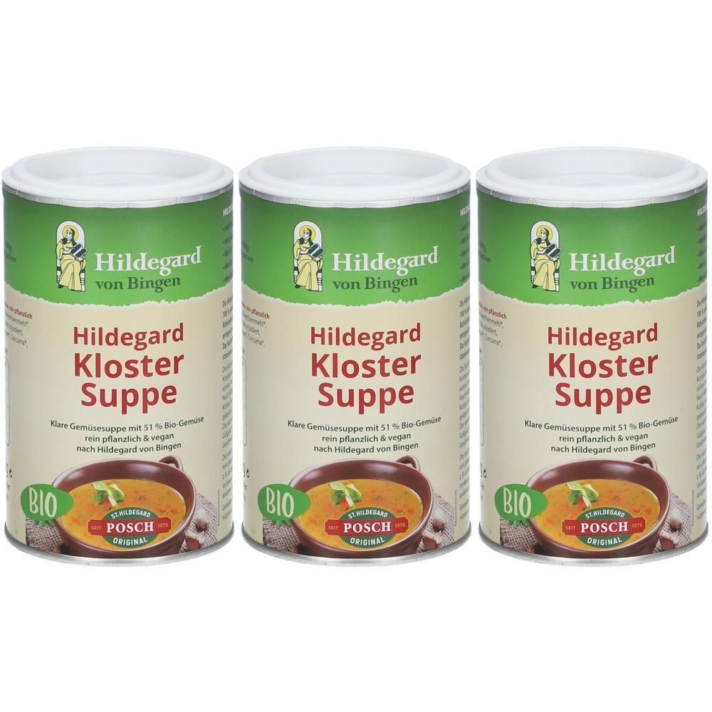 Drei Dosen mit Etiketten. Aufschrift: Hildegard Kloster Suppe. Bio-Zertifizierung. Logo von POSCH.