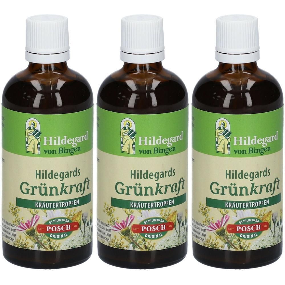 Drei braune Glasflaschen mit weißen Verschlüssen. Etiketten mit Text: Hildegard von Bingen, Grünkraft Kräutertropfen, POSCH ORIGINAL.