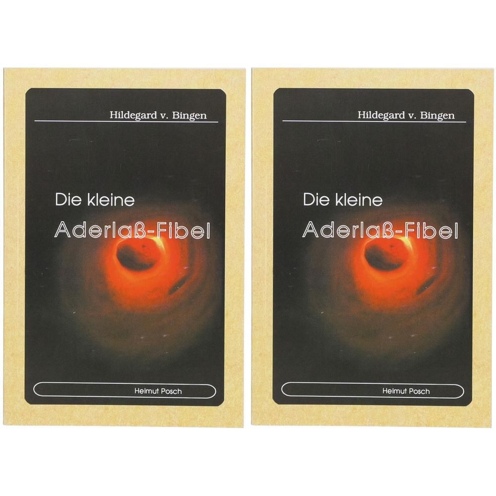 Zwei Karten mit schwarzem Hintergrund und orangefarbenem Zentrum. Titel: Die kleine Aderlaß-Fibel. Autor: Helmut Posch. Oben: Hildegard v. Bingen.