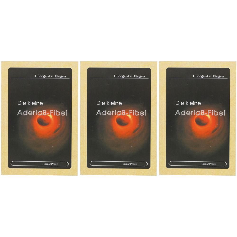 Drei identische Karten mit schwarzem Hintergrund und orangefarbenem Zentrum. Titel: Die kleine Aderlaß-Fibel. Text in Deutsch.