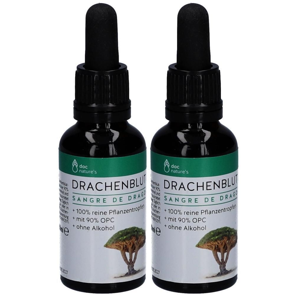 Zwei Flaschen mit schwarzem Deckel und Pipette. Etikett mit Produktnamen Drachenblut und Logo.
