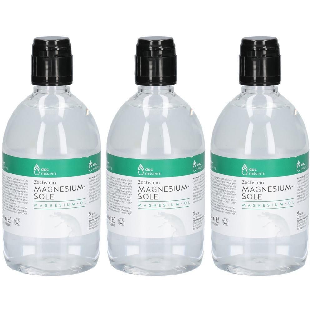 Drei Flaschen Zechstein Magnesium-Sole Magnesiumöl mit schwarzen Verschlüssen und grünen Etiketten.