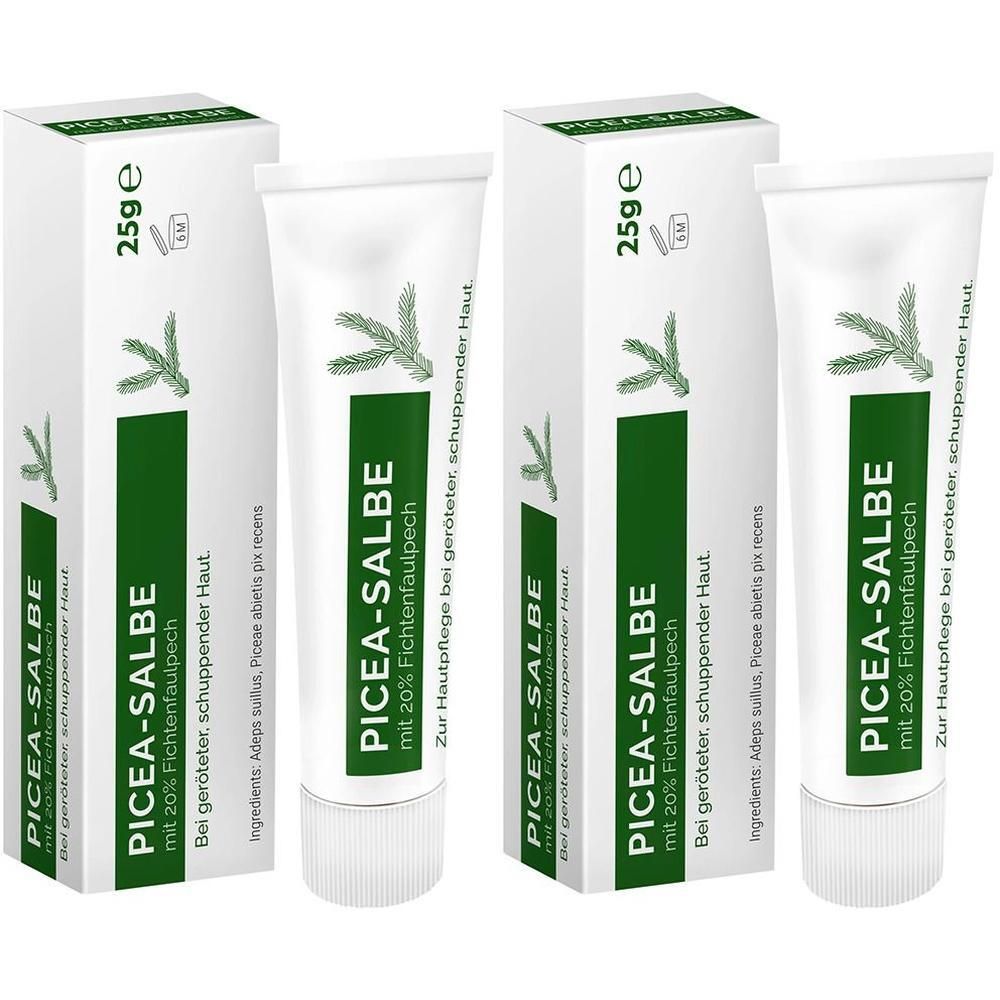Zwei Tuben und Verpackungen. Weiße Tuben mit grüner Schrift. Verpackung mit Produktnamen und grüner Fläche. 25g.