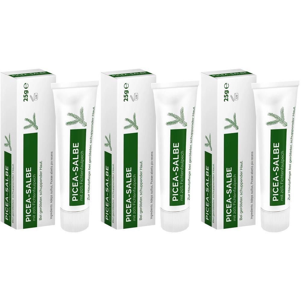 Drei Tuben und Verpackungen PICEA-SALBE. Weiße Tuben und Schachteln mit grüner Schrift und einem Tannenzweig-Logo. 25g.