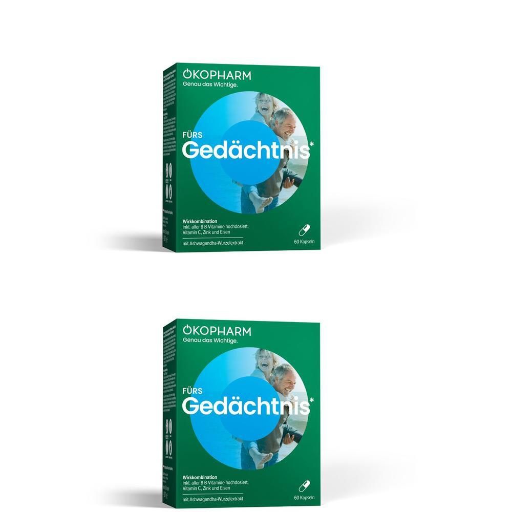 Zwei grüne Schachteln mit dem Produktnamen ÖKOPHARM Gedächtnis. Aufdruck: Fürs Gedächtnis, Wirkkombination, 12 Kapseln.