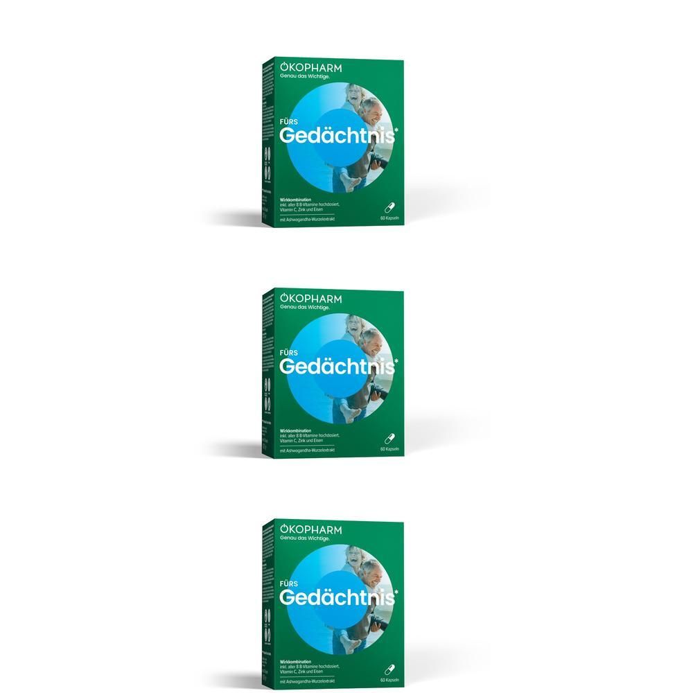 Drei grüne Schachteln ÖKOPHARM® Gedächtnis Kapseln. Aufdruck: Gedächtnis, Wirkkombination, 60 Kapseln. Oben links: ÖKOPHARM® Logo.