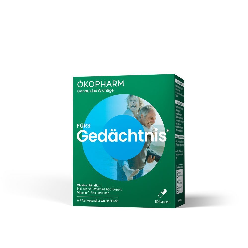 Grüne Schachtel ÖKOPHARM® Gedächtnis Kapseln. Aufdruck: Gedächtnis, Wirkkombination, 60 Kapseln. Logo ÖKOPHARM® oben links.