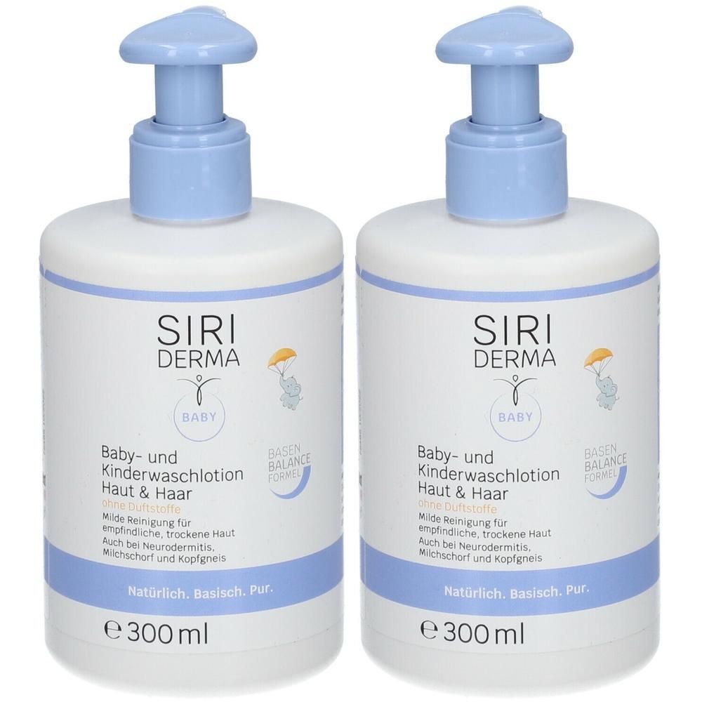 Zwei Flaschen SIRIDERMA Baby- und Kinderwaschlotion Haut & Haar, je 300 ml, mit Pumpspendern.