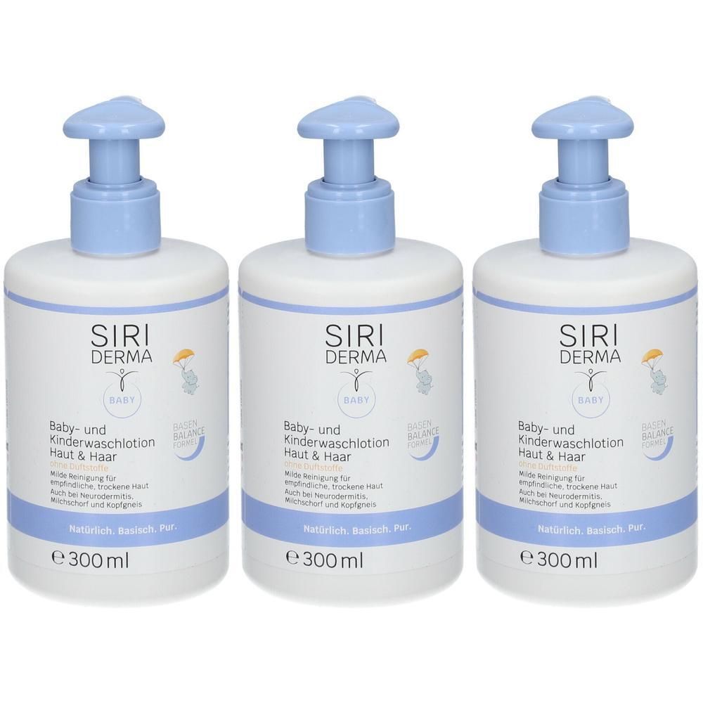 Drei SIRI DERMA Baby- und Kinderwaschlotion Flaschen mit Pumpdosierer, je 300ml.