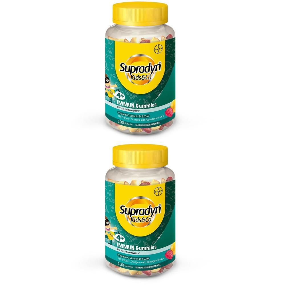 Zwei Flaschen Supradyn Kids&Co IMMUN Gummies. Gelbe Deckel, grüne Etiketten mit Produktinformationen und Illustrationen.