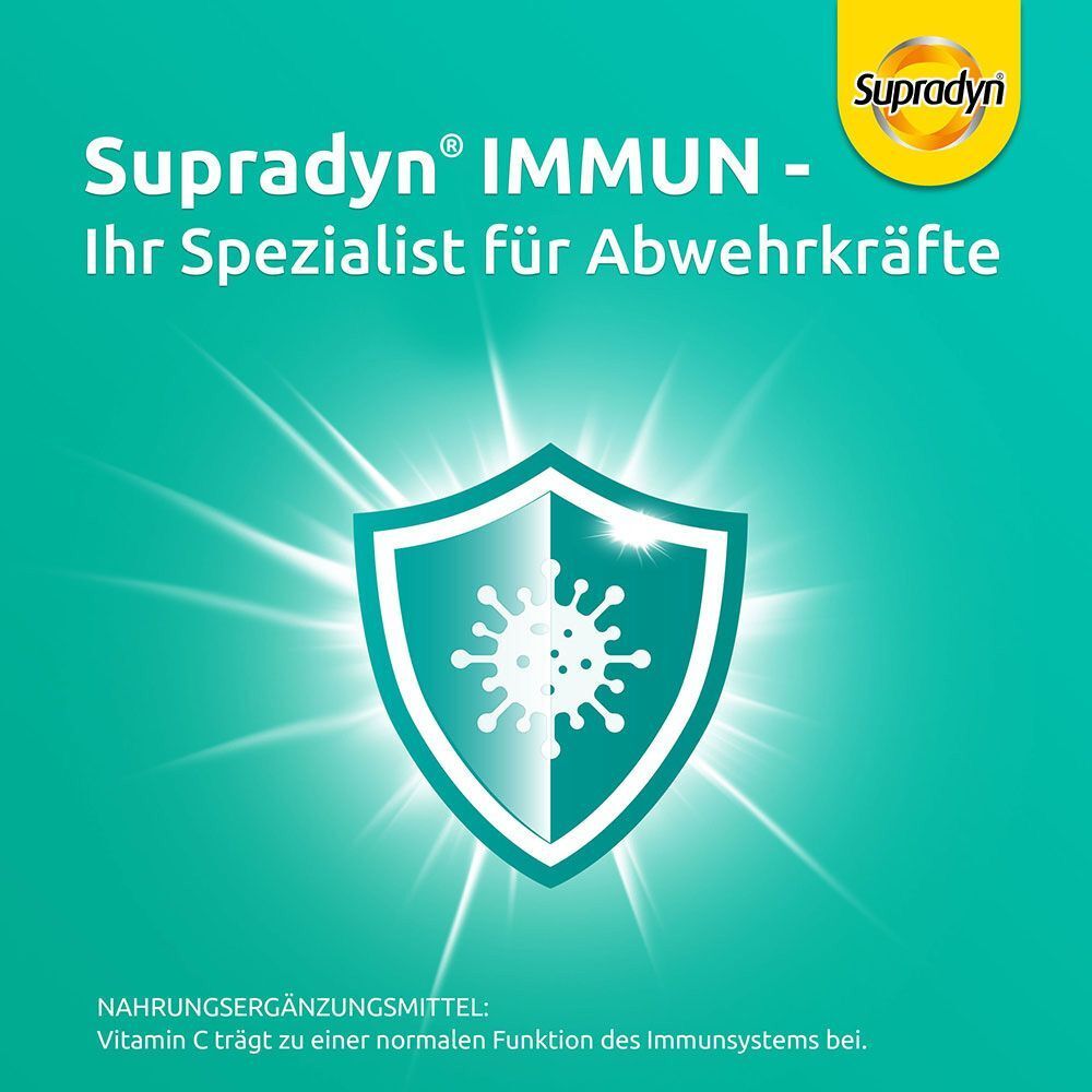 Schild mit Virus-Illustration. Text: Supradyn IMMUN - Ihr Spezialist für Abwehrkräfte.