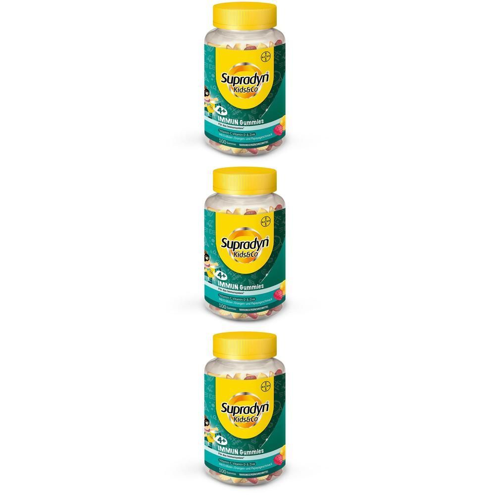 Drei Flaschen Supradyn IMMUN Kids&Co Gummis mit gelben Verschlüssen.