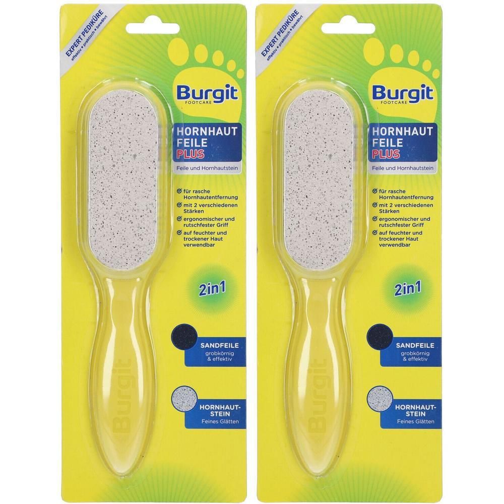Zwei Burgit Hornhautfeilen Plus im Doppelpack, gelb, mit ergonomischem Griff und beidseitiger Schleiffläche.
