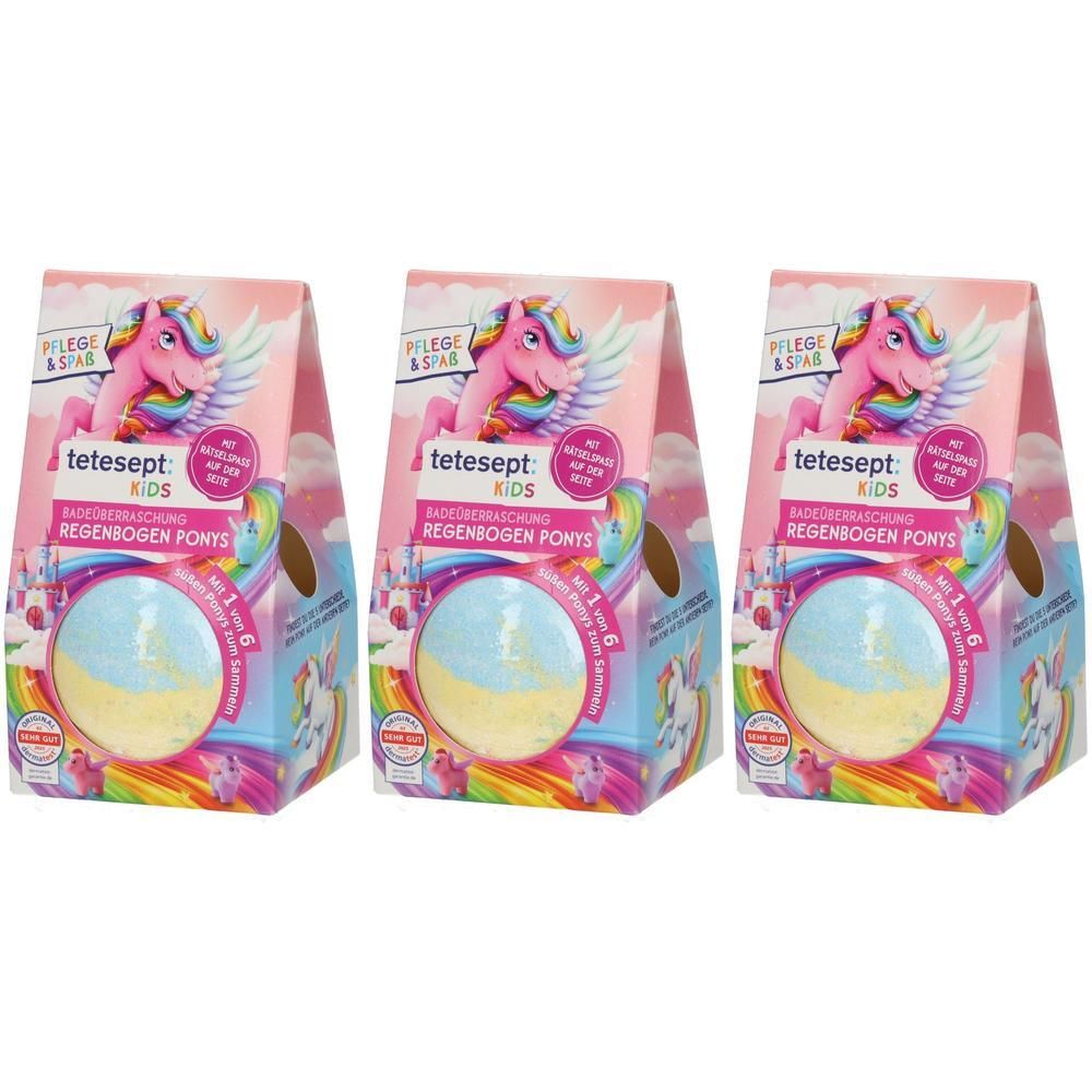 Drei Tetesept Kids Regenbogen Ponys Badezusätze in bunten Verpackungen mit Einhorn-Motiv.