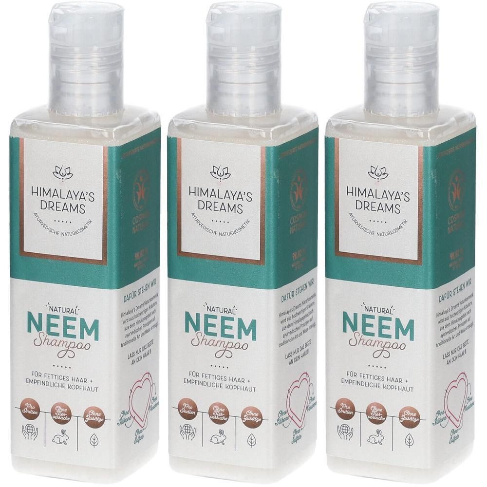 Drei Flaschen Shampoo. Aufschrift: Himalaya's Dreams, Natural Neem Shampoo. Für fettiges Haar und empfindliche Kopfhaut.