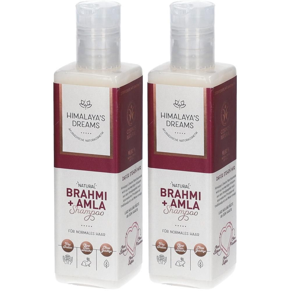 Zwei Shampoo-Flaschen. Weißer Behälter mit rotem Etikett. Aufschrift: Himalaya's Dreams, Brahmi + Amla Shampoo. Für normales Haar.