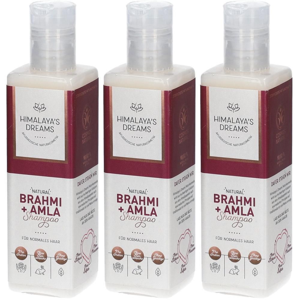 Drei Shampoo-Flaschen. Aufschrift: Himalaya's Dreams, Brahmi + Amla Shampoo. Für normales Haar. Weiße Flaschen mit braunen Etiketten.