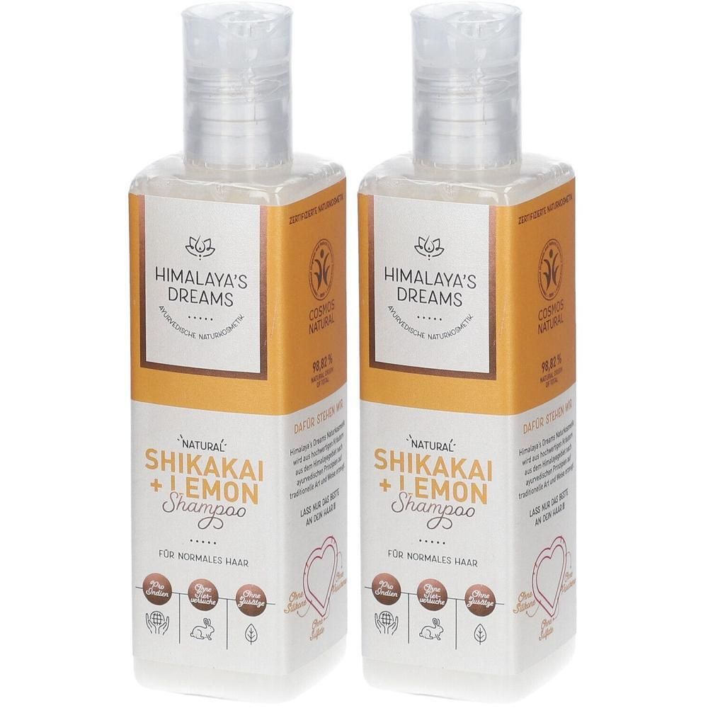 Zwei Flaschen Shampoo. Aufschrift: Himalaya's Dreams, Shikakai + Lemon Shampoo. Für normales Haar. Kosmetik Natural.