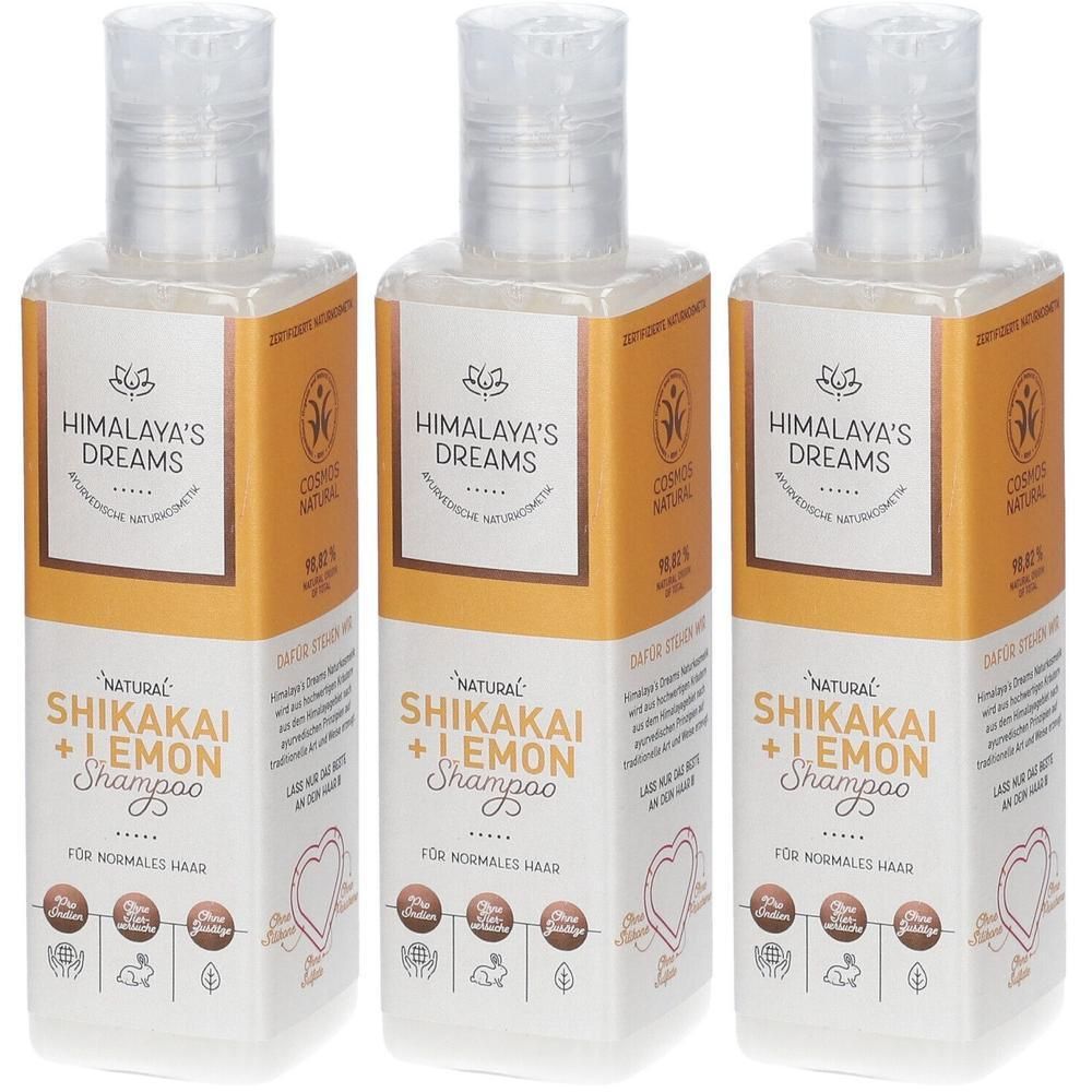 Drei Flaschen Shampoo mit Klappverschluss. Aufschrift: Himalaya's Dreams, Shikakai + Lemon Shampoo. Für normales Haar.