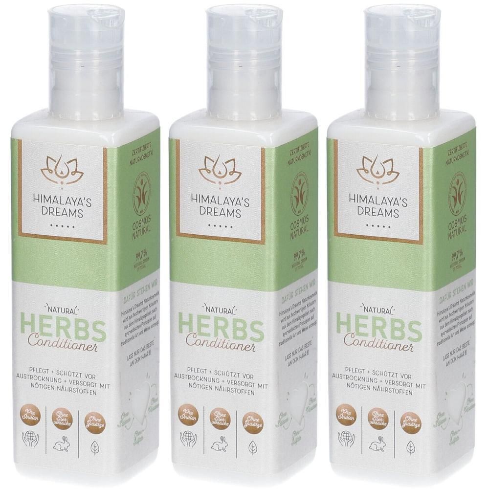 Drei Flaschen Conditioner. Weiß, mit grünen und braunen Etiketten. Aufschrift: Himalaya's Dreams, Herbs Conditioner.