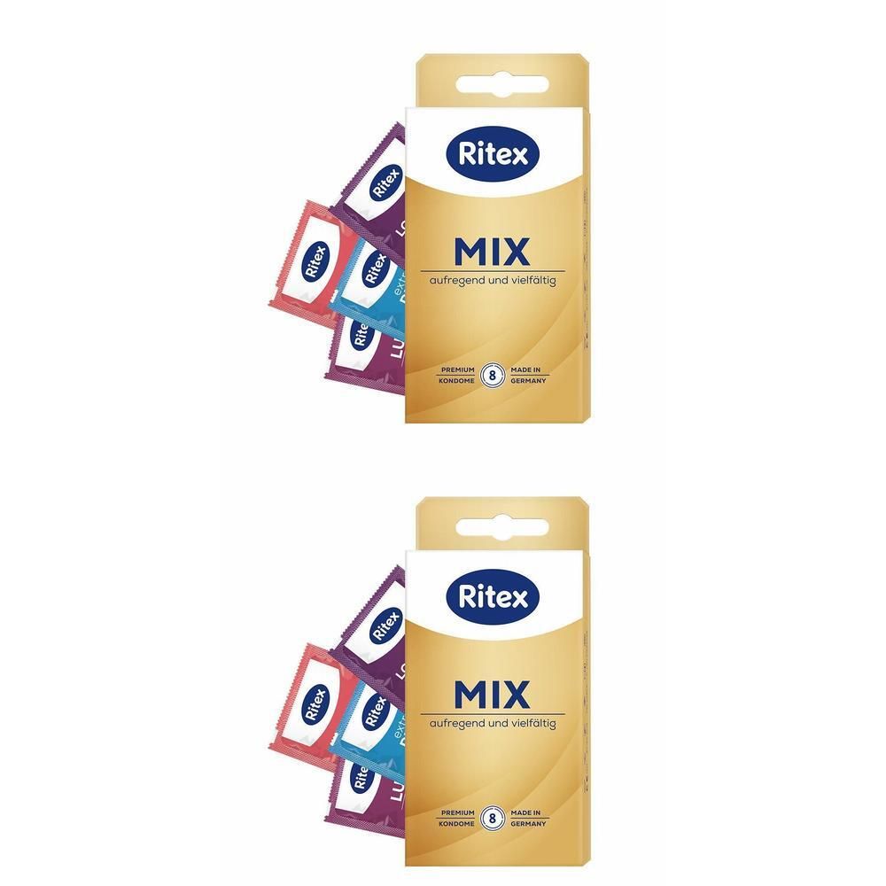 Verpackung mit Kondomen. Auf der Verpackung steht "Ritex MIX". Mehrere Einzelverpackungen in verschiedenen Farben sind sichtbar.