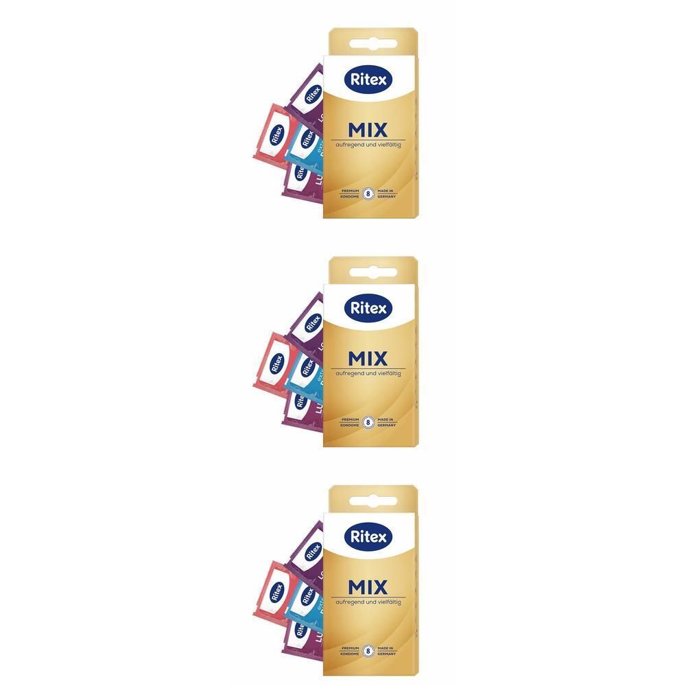 Verpackung mit Kondomen. Auf der Verpackung steht "Ritex MIX". Daneben sind einzelne Kondome in verschiedenen Farben zu sehen.