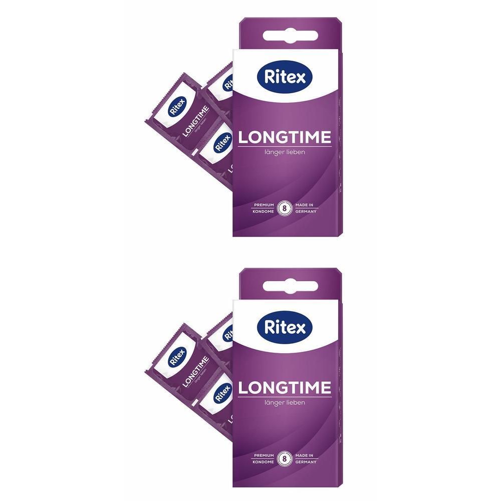 Zwei Packungen mit Kondomen. Auf der Verpackung steht "Ritex LONGTIME". Einige Kondome sind sichtbar.
