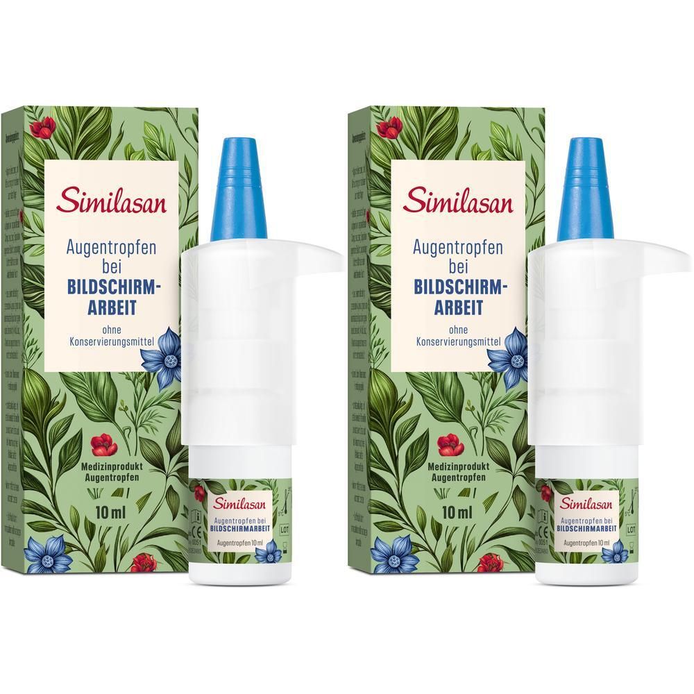 Zwei Flaschen Augentropfen mit Verpackung. Aufschrift: Similasan Augentropfen bei Bildschirmarbeit. Grüne Verpackung mit floralem Muster.