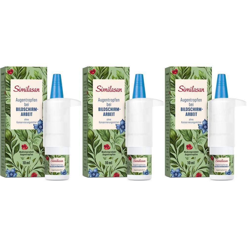 Drei Flaschen und Verpackungen. Verpackung mit floralem Muster und Produktnamen. Flaschen mit blauen Kappen und weißem Behälter.