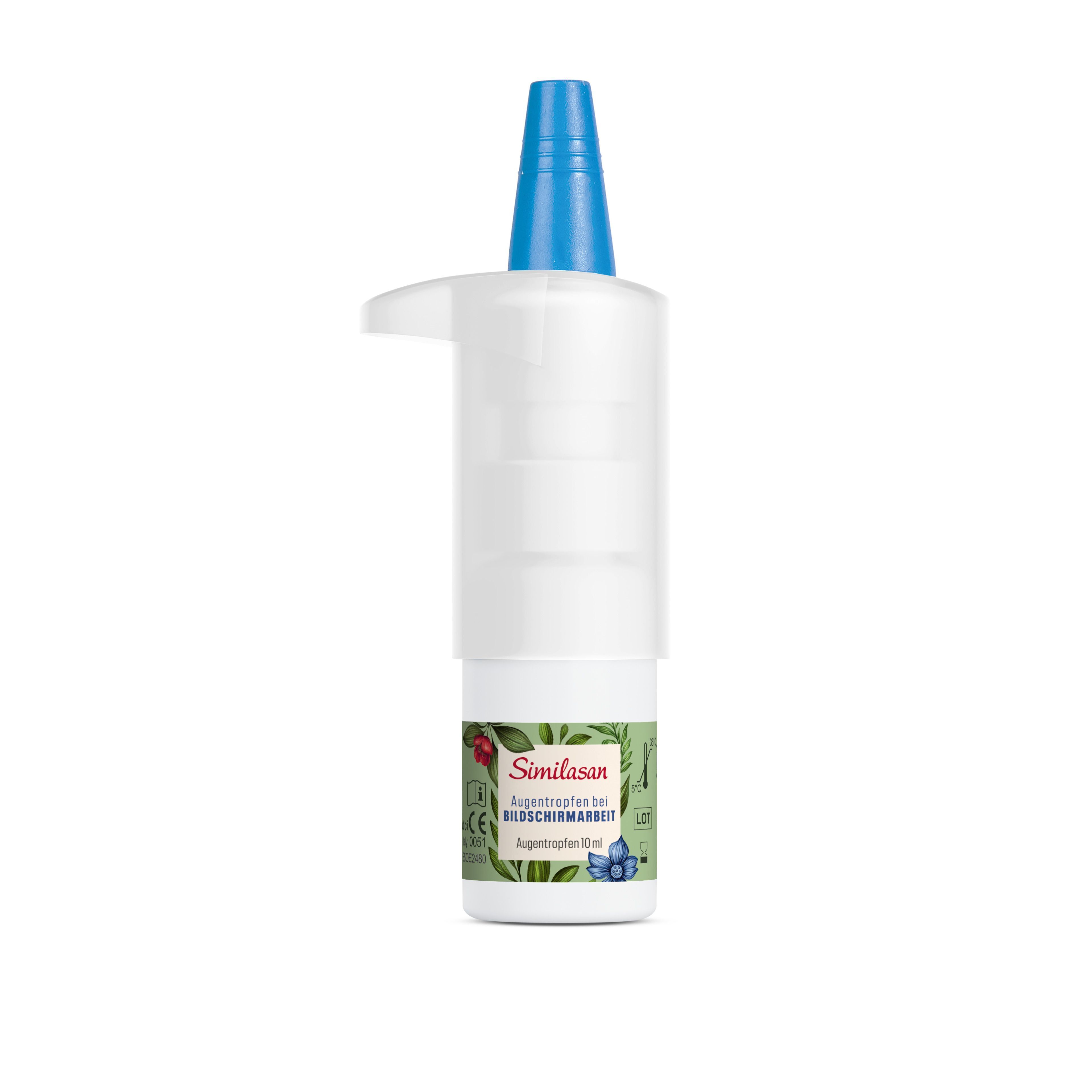 Weiße Flasche mit blauer Kappe und Applikator. Produktname und Produktinformationen sind auf der Flasche sichtbar.