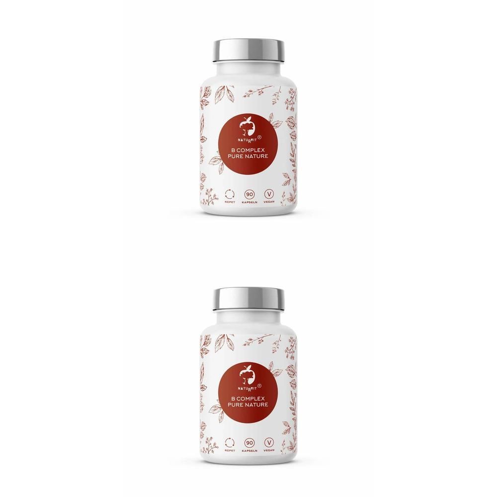 Zwei weiße Flaschen mit silbernen Deckeln. Auf jeder Flasche ein rotes Etikett mit Text: B COMPLEX PURE NATURE. Pflanzenmuster.