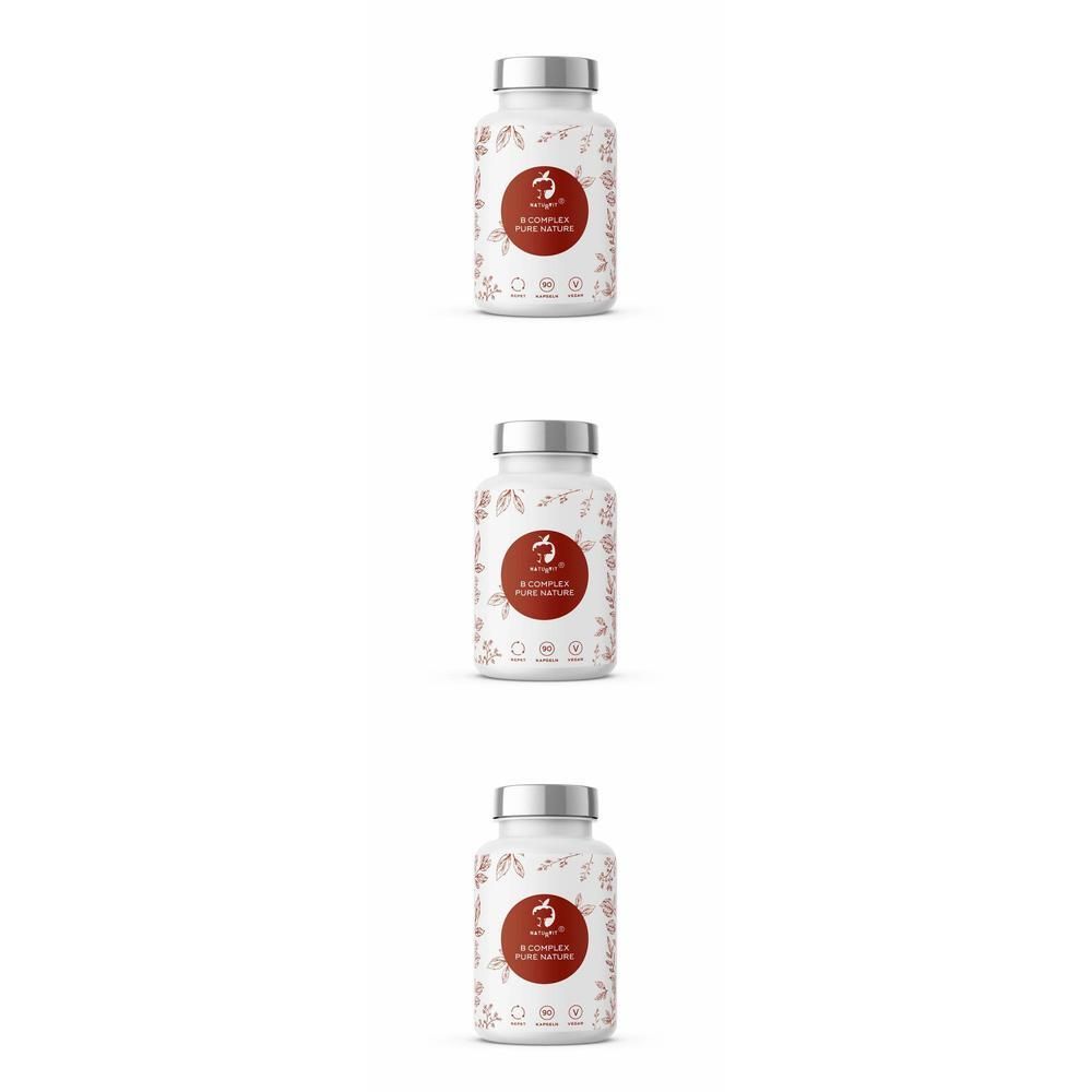 Drei weiße Flaschen mit silbernen Deckeln. Auf jeder Flasche ein rotes Etikett mit Text. NATURVIT® B COMPLEX PURE NATURE.