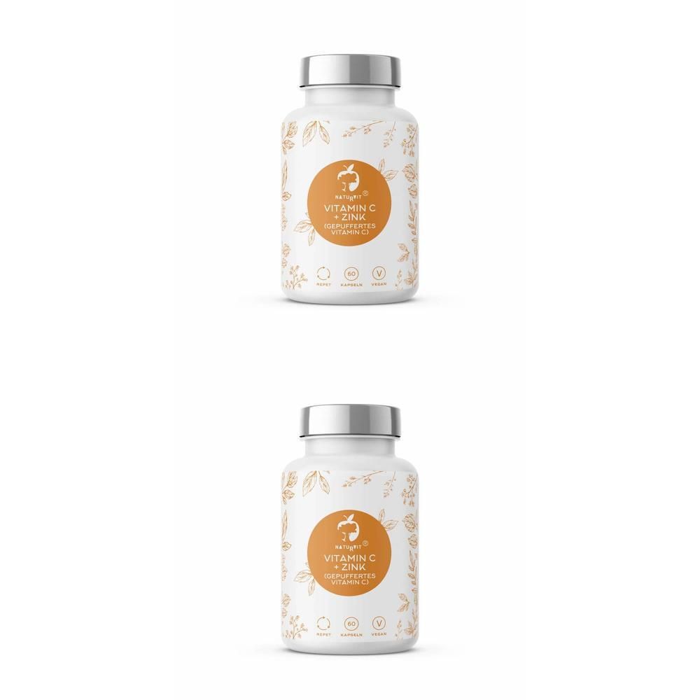 Zwei weiße Flaschen mit silbernen Deckeln. Auf jeder Flasche befindet sich ein orangefarbener Aufkleber mit Text: Vitamin C + Zink.