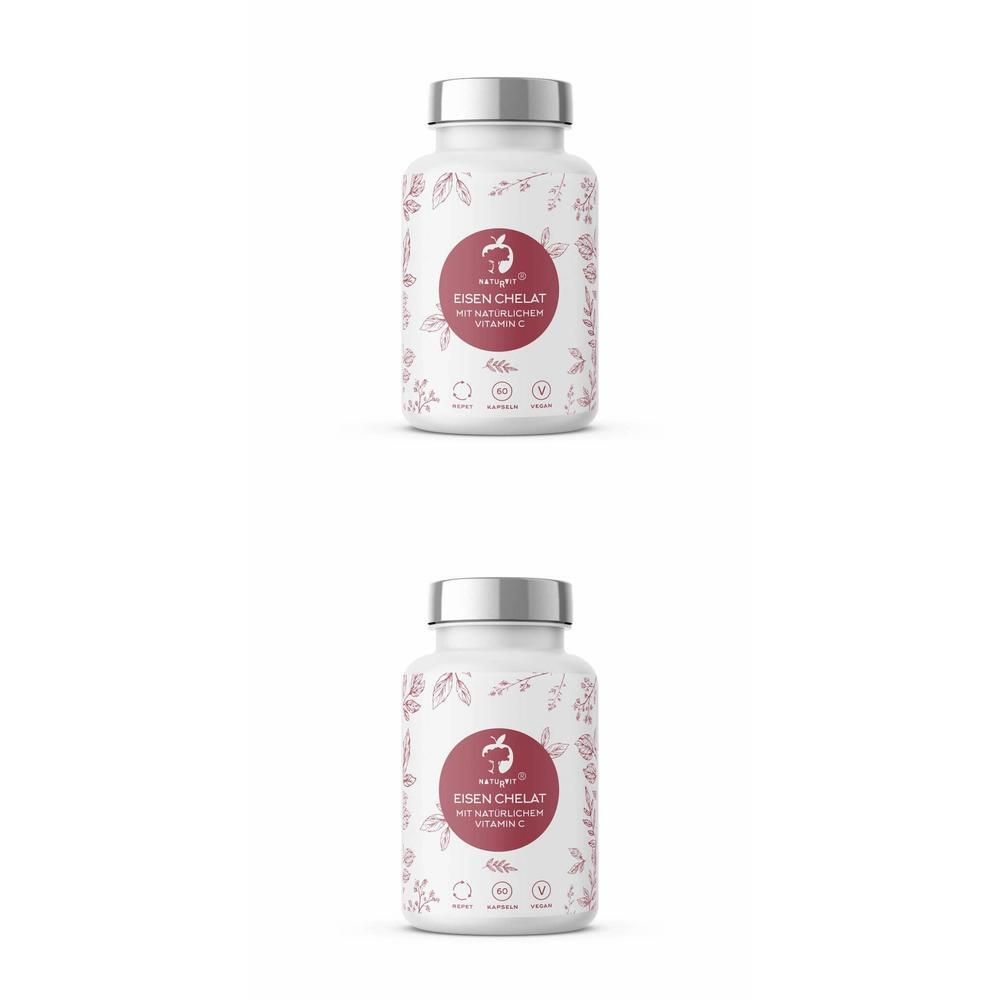 Zwei weiße Flaschen mit silbernen Deckeln. Auf jeder Flasche ein rotes Etikett mit Text: EISEN CHELAT, NATURVIT® und Vitamin C.