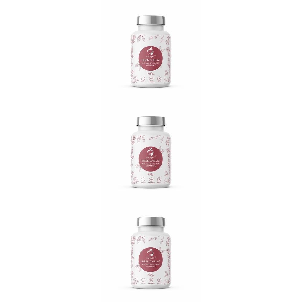 Drei weiße Flaschen mit silbernen Deckeln. Auf jeder Flasche befindet sich ein rotes Etikett mit Text. NATURVIT® EISEN CHELAT.