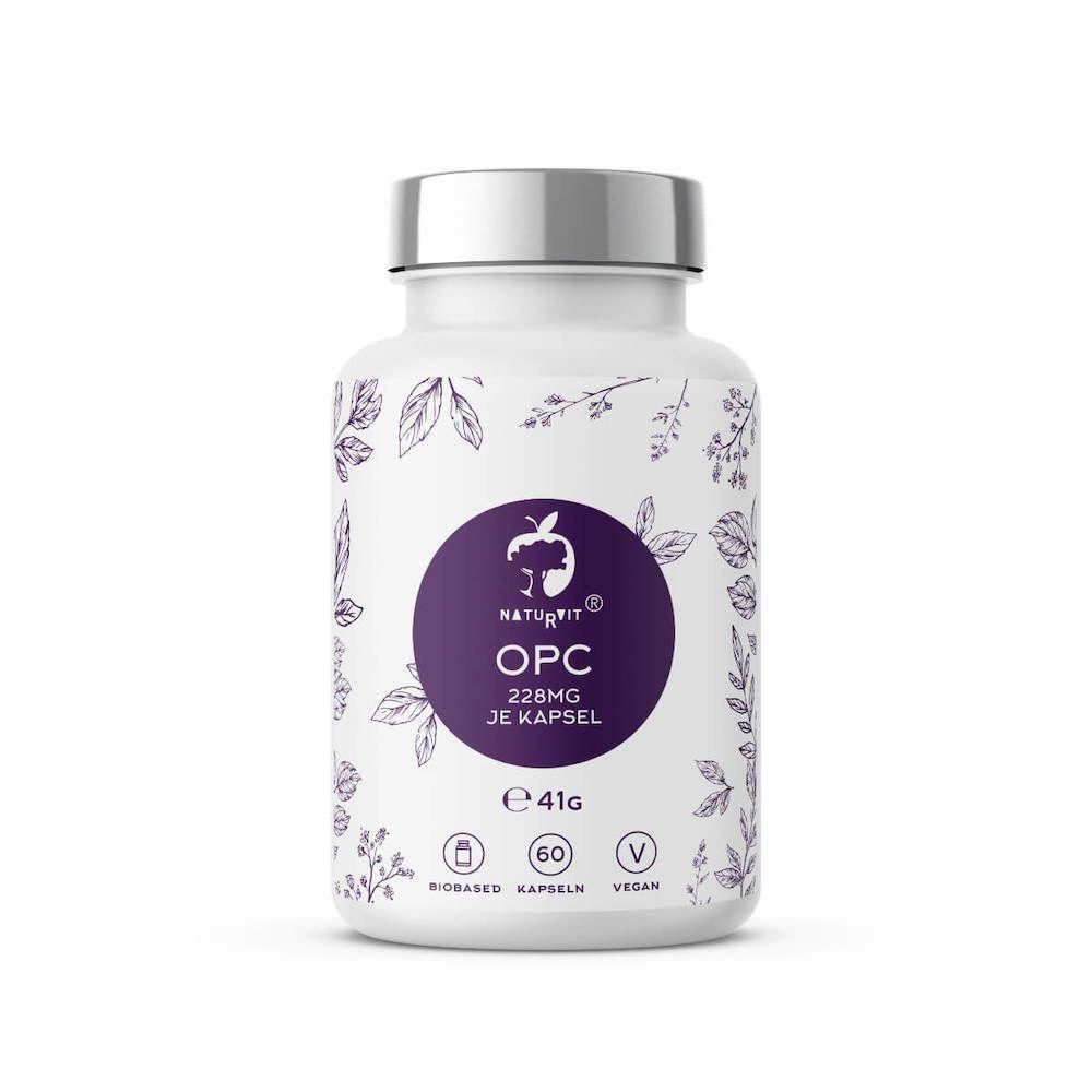 Weiße Flasche mit silbernem Deckel. Aufschrift OPC 228mg. Abbildung von Blättern und einem Logo mit Apfel. Vegan-Siegel.