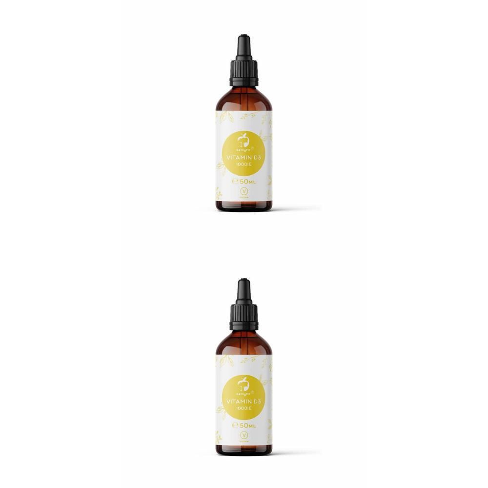 Zwei braune Glasflaschen mit schwarzem Tropfer. Auf dem Etikett steht "VITAMIN D3 1000IE".