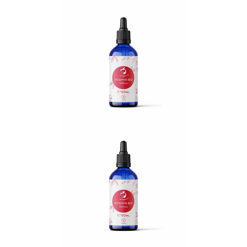 Zwei blaue Flaschen mit schwarzem Tropfer. Aufkleber mit rotem Kreis und Text: Vitamin B12 100mcg. E50ml.
