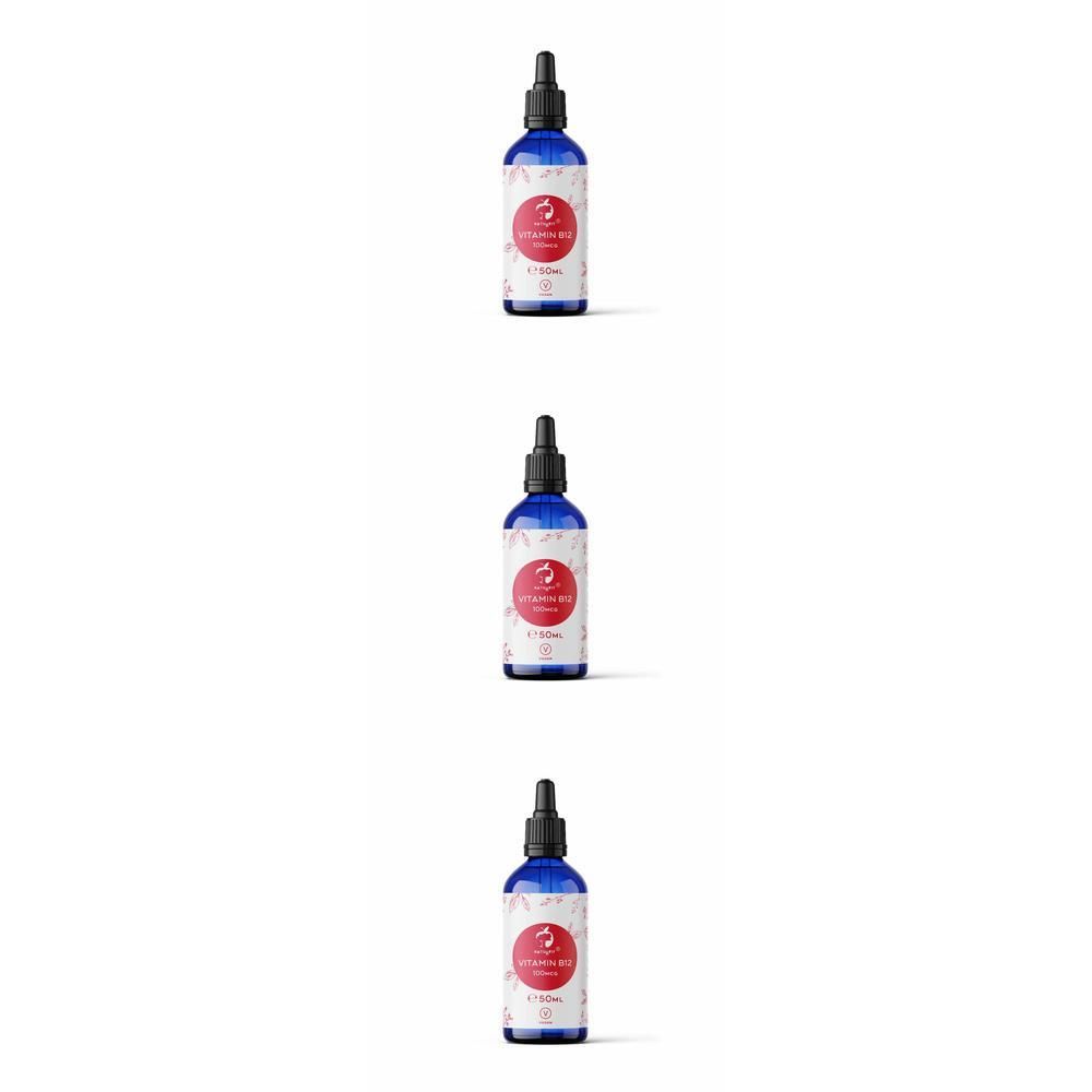 Drei blaue Flaschen mit schwarzem Tropfer. Roter Aufkleber mit Text. Produkt: NATURVIT® VITAMIN B12 100MCG.